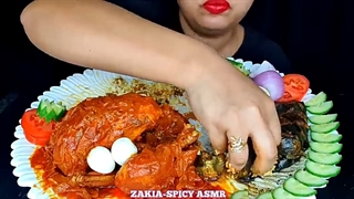 ASMR:SPICY WHOLE CHICKEN DOPIAZA,CHICKEN STUFFED BRINJAL FRY WITH POLAO,CHILLI ||ZAKIA-SPICY ASMR