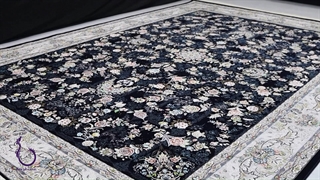 فرش 1200 شانه - طرح نورا گل برجسته رنگ سرمه ای با تراکم 3600