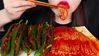 ASMR SPICY ENOKI MUSHROOMS, CUCUMBER PEPPER KIMchi EATING SOUNDS MUKBANG
