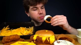 ASMR MUKBANG CRISPY CHICKEN BURGERS CHEESE FRIES FRIED CHICKEN & ONION RINGS | WITH CHEESE & RANCH